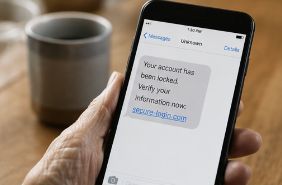A phone displaying a suspicious text message that reads: FINAL NOTICE, your account requires immediate attention, tap here to avoid interruption.